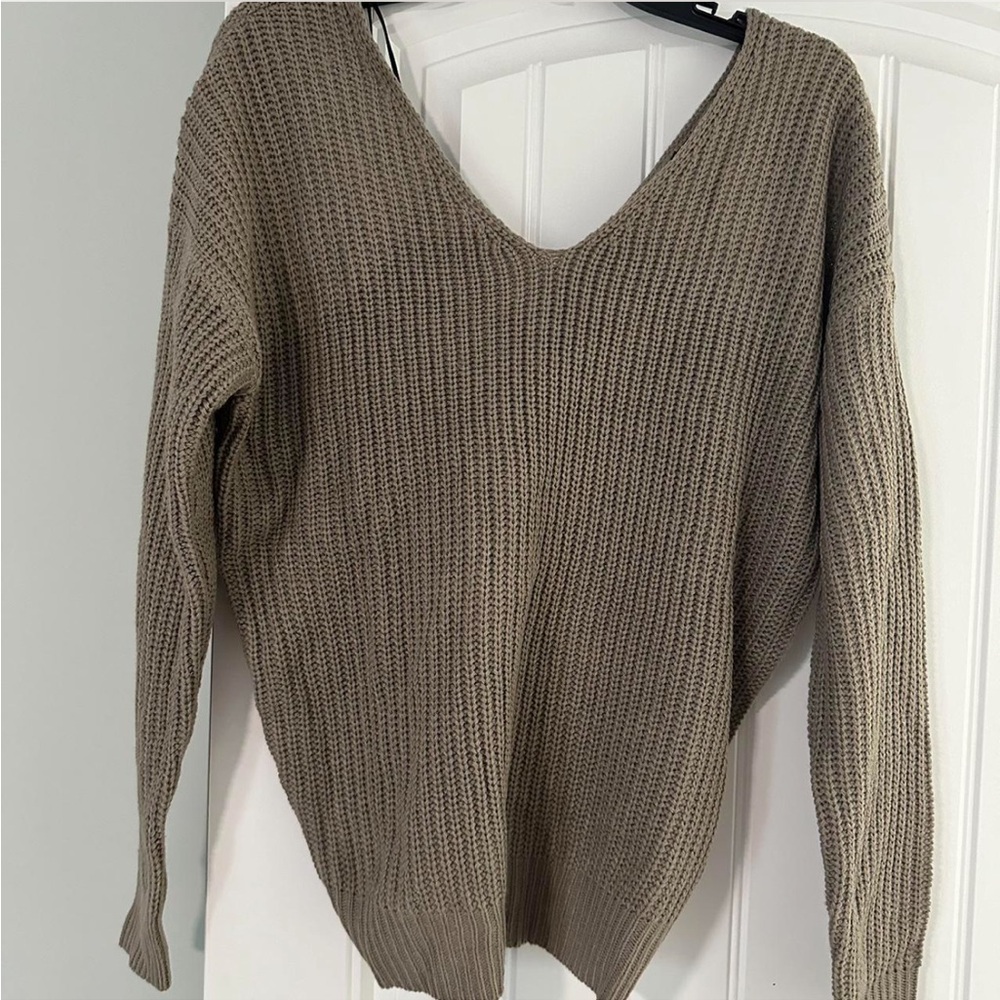 Taupe V-Neck Knit Sweater